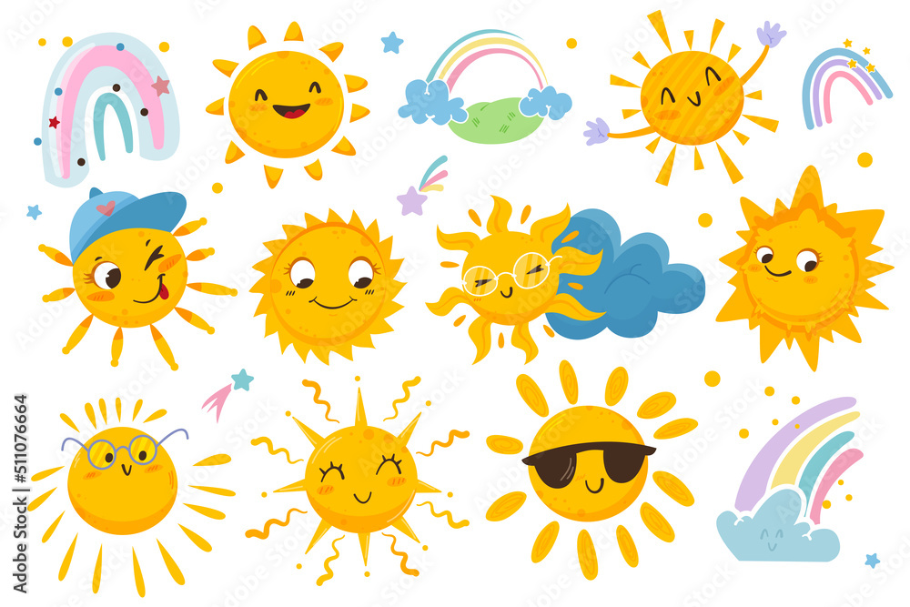 Cute sun flat vector stickers set with happy emotions, clouds and colorful rainbow. Funny characters in sunglasses, cap for kids. Cartoon sunny smiley icons. Yellow suns with positive expression faces Cute sun flat vector stickers set with happy emotions, clouds and colorful rainbow. Funny characters in sunglasses, cap for kids. Cartoon sunny smiley icons. Yellow suns with positive expression faces