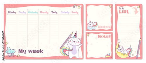 Flat school timetable template for pupil kids with cute unicorn cat character. Children schedule with notes and to do list. Weekly and daily planner, week organizer with magic caticorn on moon, cloud.