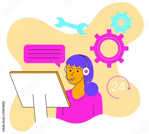 A technical support specialist for users, A female character talks to a client via headphones, 24 per 7 support and answers to questions