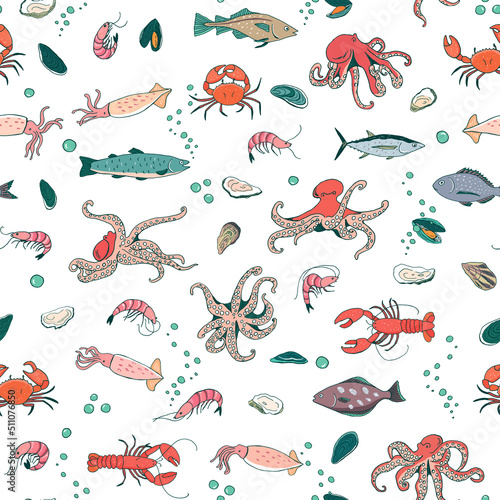 Ocean life: octopus, crab, lobster, squid, shrimp, oyster, mussels, fish vector seamless pattern.