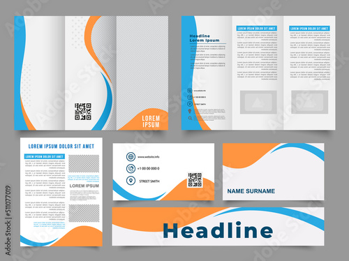 Tri fold wave brochure layout. Blue and orange flyer. For design and print. Collection of folded brochures, annual report, business card. For printing, A4 magazine cover. .