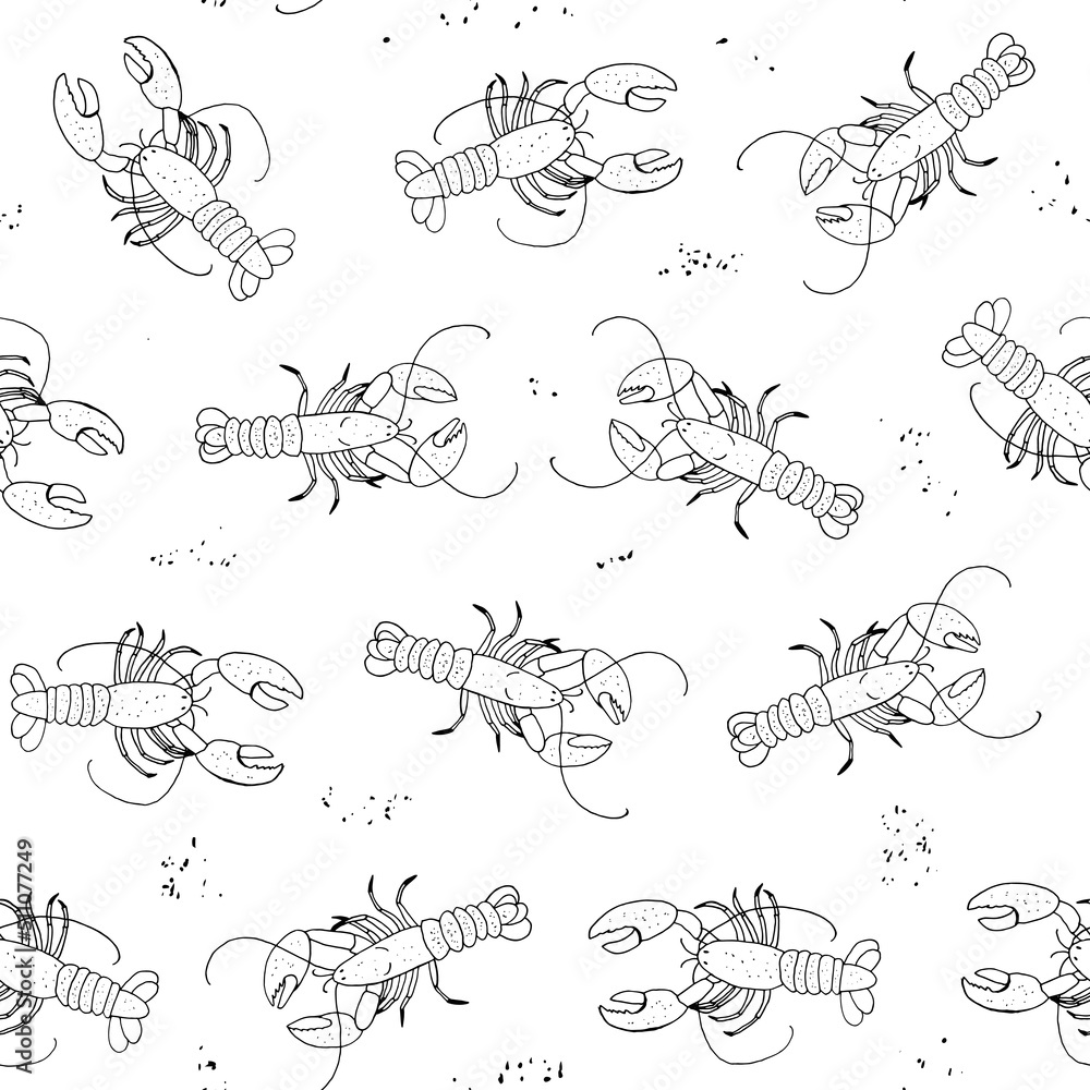 Fototapeta premium Lobster sea food vector line seamless pattern