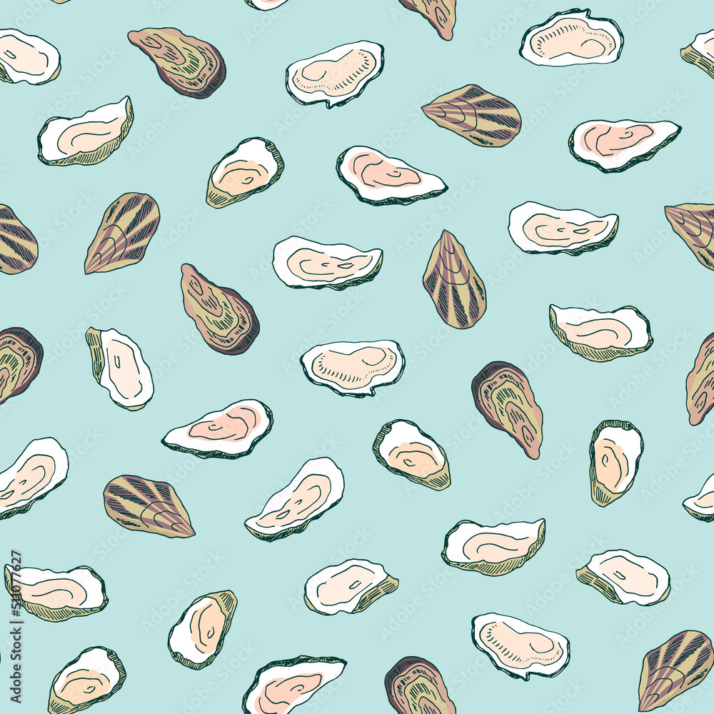 Oysters sea food vector seamless pattern