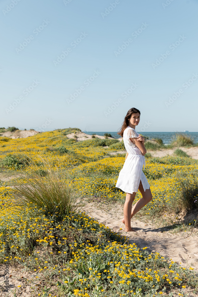 Woman in summer dress looking at camera while standing on beach. Woman in summer dress looking at camera while standing on beach.