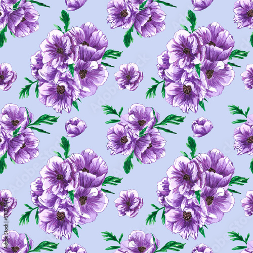 Handdrawn anemone seamless pattern. Watercolor purple flowers with green leaves on the blue background. Scrapbook design  typography poster  label  banner  textile.