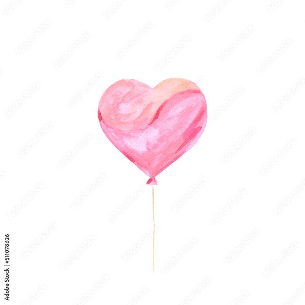 Handdrawn Watercolor pink heart balloon. Scrapbook valentine design, typography poster, label, banner, card.