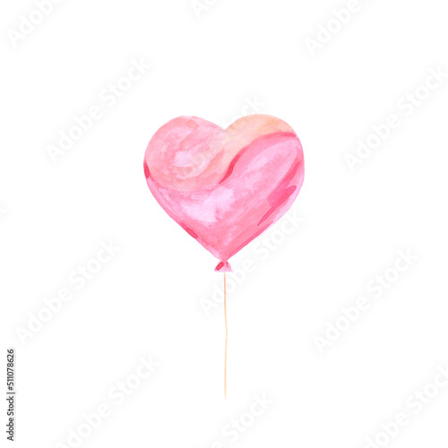 Handdrawn Watercolor pink heart balloon. Scrapbook valentine design, typography poster, label, banner, card.