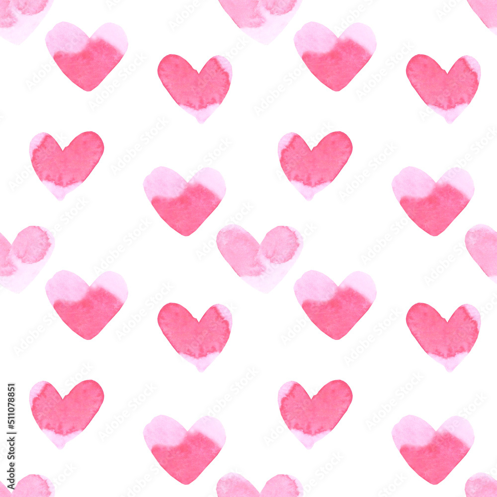 Handdrawn heart seamless pattern. Watercolor pink heart on the white background. Scrapbook design, typography poster, label, banner, textile.
