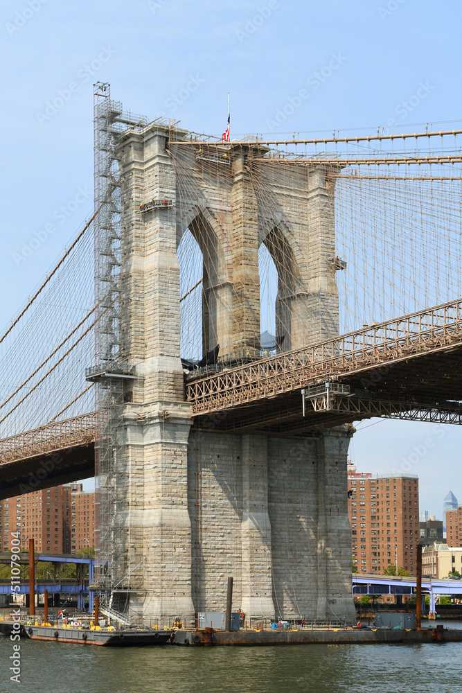 Famous Brooklyn Bridge (fragment), hybrid cable-stayed, suspension bridge, in background of blue sky