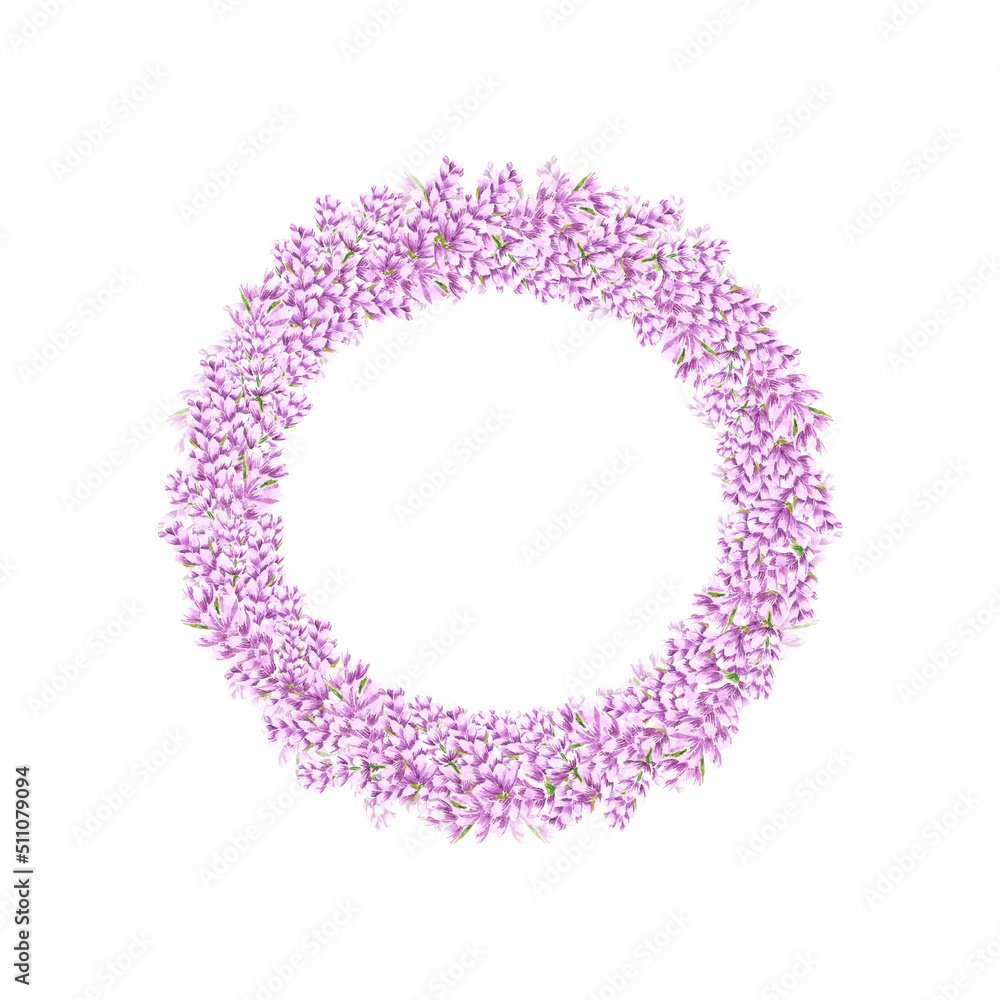Handdrawn lavender flowers. Watercolor purple lavender wreath boarder. Scrapbook design, typography poster, invitation, label, banner and card.