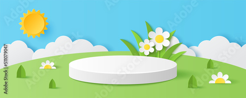 Paper art and digital craft style of Summer season on green nature landscape, sun and clouds on blue sky background with white cylinder podium for your products display presentation