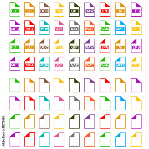 Symbol set file formats. Set of Document File Formats icons. File extensions diverse icons set isolated. image jpg illustration.
