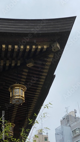 The lantern and the intricate architectural alignment of historic Japanese landmark “Yushima Tenjin”, the Japanese shrine established in year 458.  Photo taken year 2022 June 15th photo