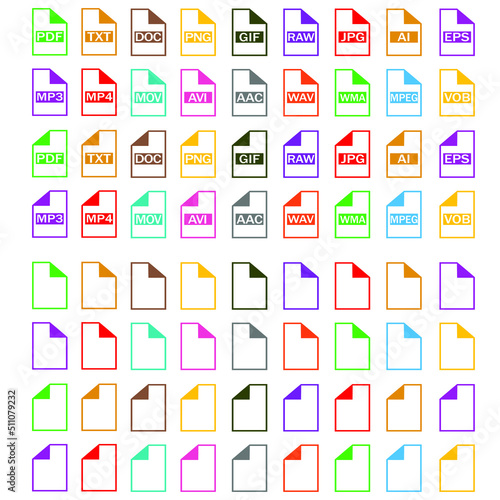 Symbol set file formats. Set of Document File Formats icons. File extensions diverse icons set isolated. Vector illustration.
