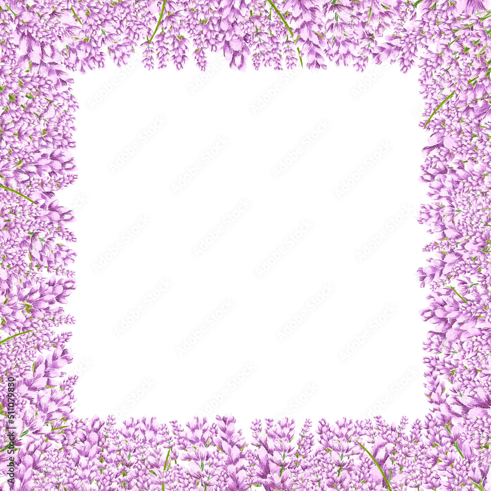 Handdrawn lavender flowers. Watercolor purple lavender frame boarder. Scrapbook design, typography poster, invitation, label, banner and card.