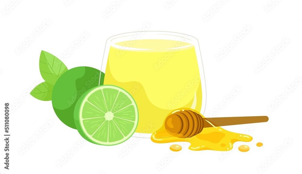 Illustration of honey lemon juice with wooden honey stick dipper and