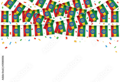 Ethiopia Union flags garland white background with confetti, Hang bunting for celebration template banner, Vector illustration