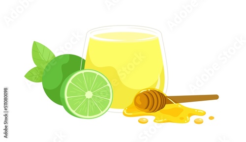 Illustration of honey lemon juice with wooden honey stick dipper and sliced lime. Healthy beverage help sore throat. Sour and sweet drink. 