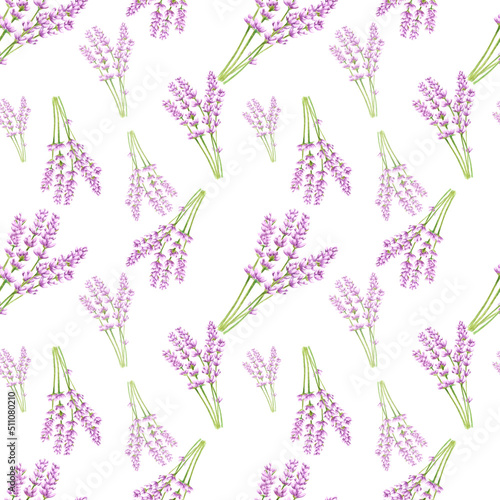 Handdrawn lavender flowers seamless pattern. Watercolor purple lavender on the white background. Scrapbook design, typography poster, label, banner, textile.