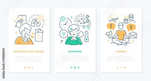 Disease, symptoms and worries - line design style banners set