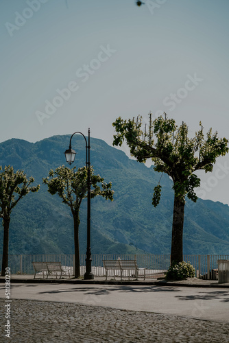 Beautiful panoramic aerial views of Ravello in Amalfi Coast, Campania, Italy. The view of green emerald hills, water, coastline, seaside, mountain roads and towns