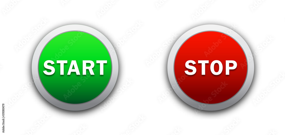 Start and stop color button. Round buttons with shadows. Flat vector illustration. Start and stop color button. Round buttons with shadows. Flat vector illustration.