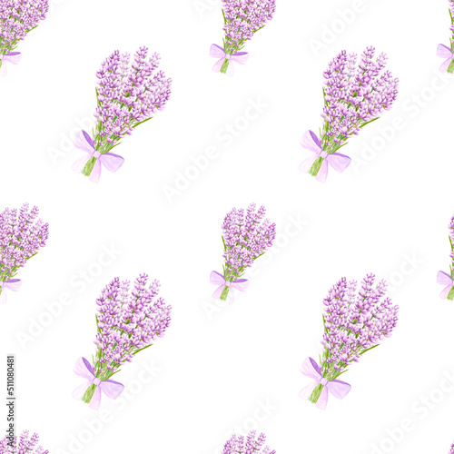 Handdrawn lavender flowers seamless pattern. Watercolor purple lavender bouquet with a bow on the white background. Scrapbook design  typography poster  label  banner  textile.