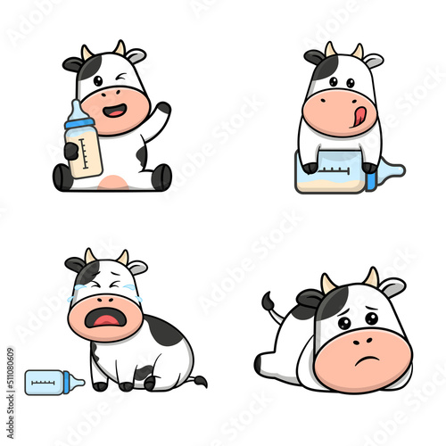 Baby cow and milk in different poses set cartoon illustration with cute expression.