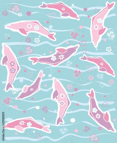 Fototapeta Naklejka Na Ścianę i Meble -  Print with background with Dolphins with flowers in the sea waves