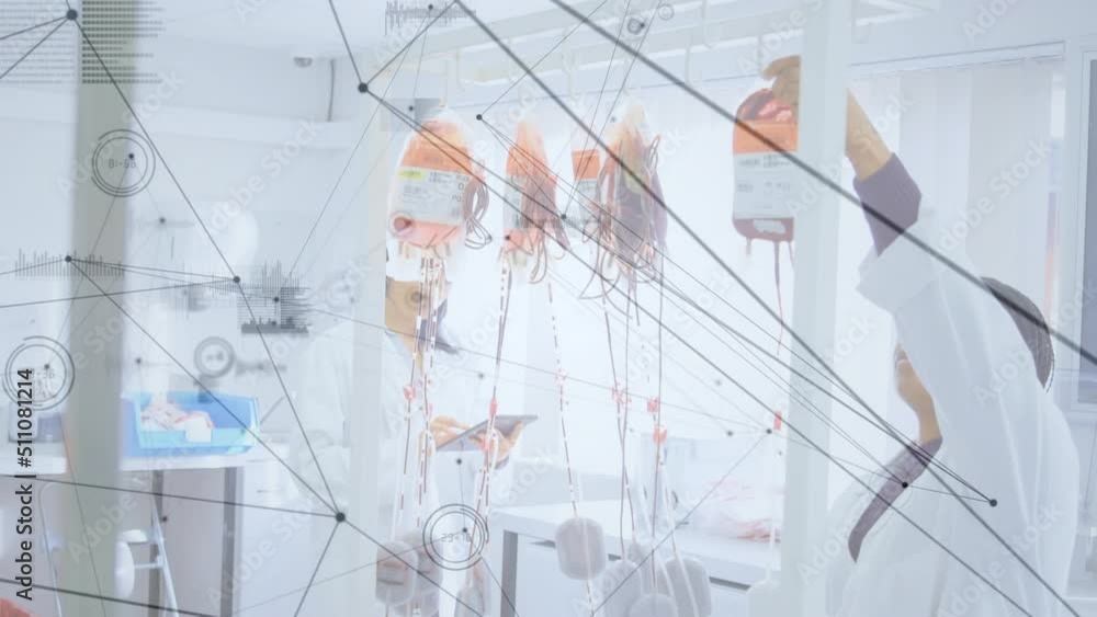 Animation of network of connections over biracial female doctor and drips Animation of network of connections over biracial female doctor and drips