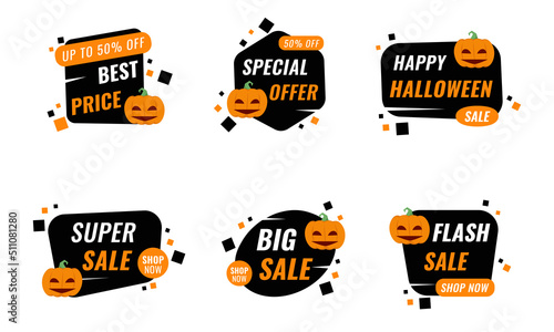 Flat halloween sale labels collection with cute pumpkin