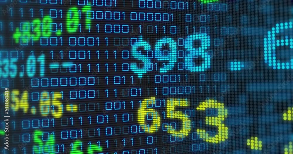 Animation of financial data over binary code on black background Animation of financial data over binary code on black background