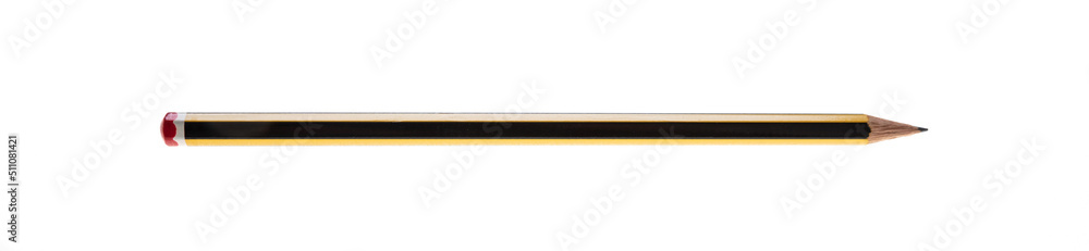 Wooden pencil long yellow black color isolated on white. Overhead view of sharpened wood pen Wooden pencil long yellow black color isolated on white. Overhead view of sharpened wood pen