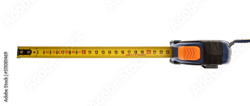 Tape measure isolated cut out on white background, overhead view photo
