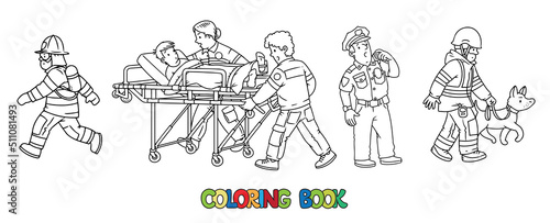 Profession coloring book set. Policeman, paramedics rescuer and fiteman