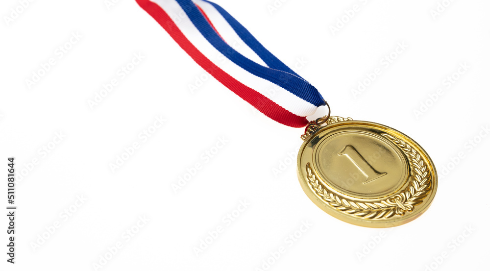 Gold medal. Champion trophy award and ribbon. Prize in sport for winner isolated on white background Gold medal. Champion trophy award and ribbon. Prize in sport for winner isolated on white background