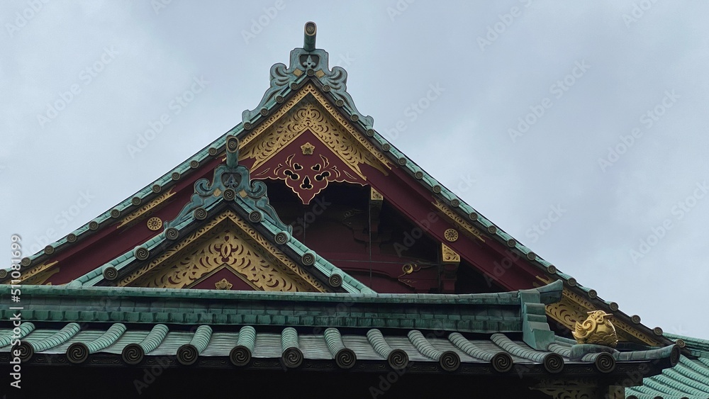 Detail of Shinto shrine architectural details, “Kandamyojin” year 2022 June 15th.  Rainy weekday in Tokyo Japan.