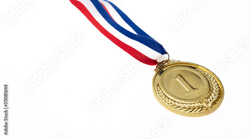 Gold medal. Champion trophy award and ribbon. Prize in sport for winner isolated on white background