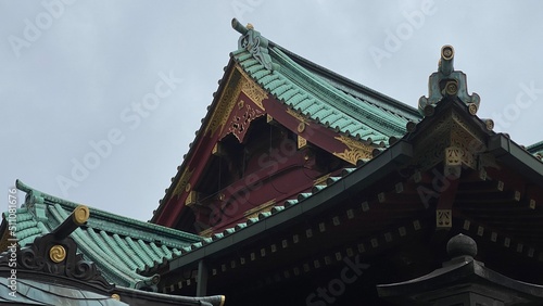 Detail of Shinto shrine architectural details, “Kandamyojin” year 2022 June 15th. Rainy weekday in Tokyo Japan.