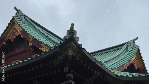 Detail of Shinto shrine architectural details     Kandamyojin    year 2022 June 15th.  Rainy weekday in Tokyo Japan.