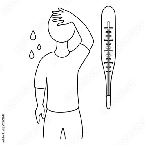Fever. Sketch. Vector illustration. The patient checks the temperature with his hand, sweat drips from his forehead. The mercury thermometer has a high temperature. Outline on an isolated background. 