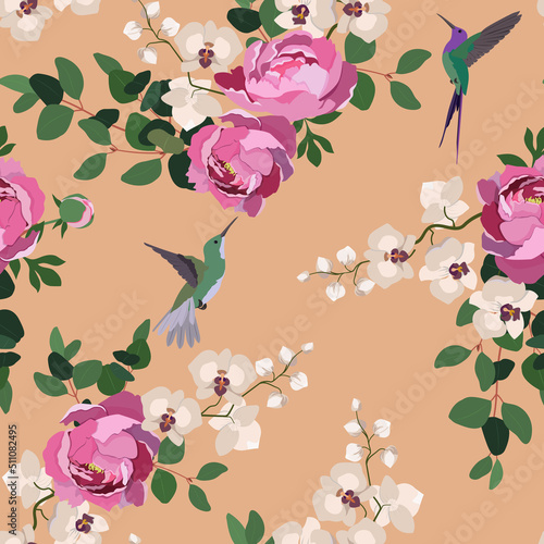 Peonies, orchids and hummingbirds on a beige background. Seamless vector illustration.