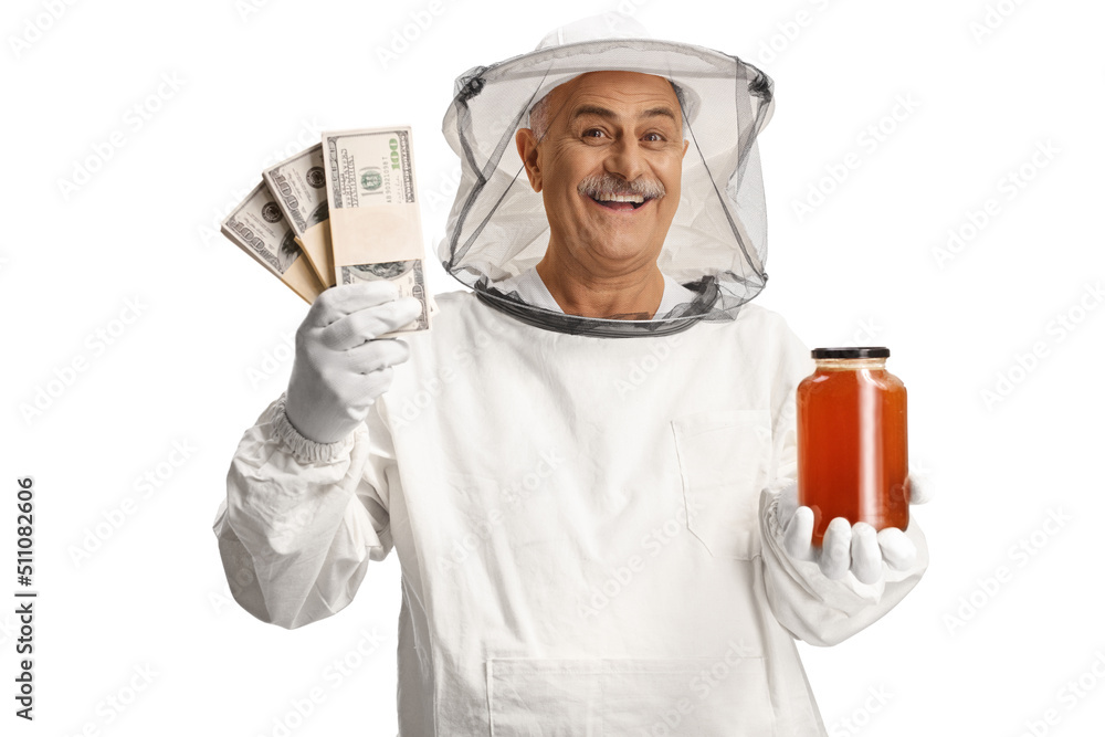 Bee keeper in a uniform holding a jar of honey and money Bee keeper in a uniform holding a jar of honey and money