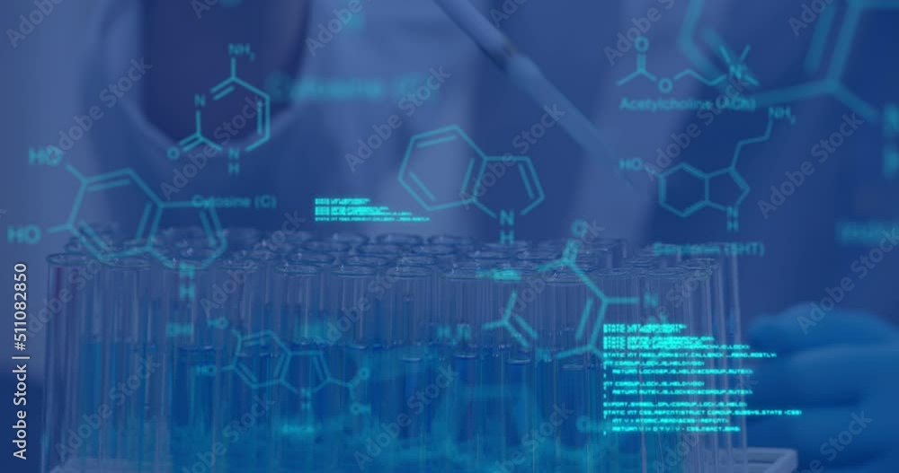 Animation of data processing and chemical formula over scientist Animation of data processing and chemical formula over scientist