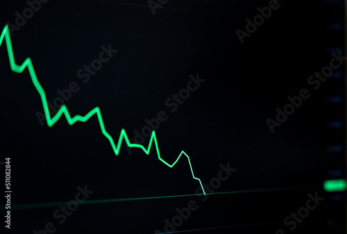 Trading currency investment with technical of candlestick signal graph fast moving with panic market on stock board, Green line graph with volumn trade of profit and loss flowing photo