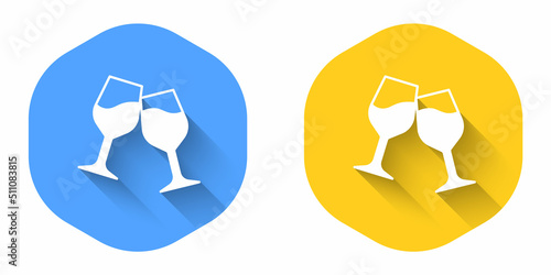 White Wine glass icon isolated with long shadow background. Wineglass sign. Circle button. Vector