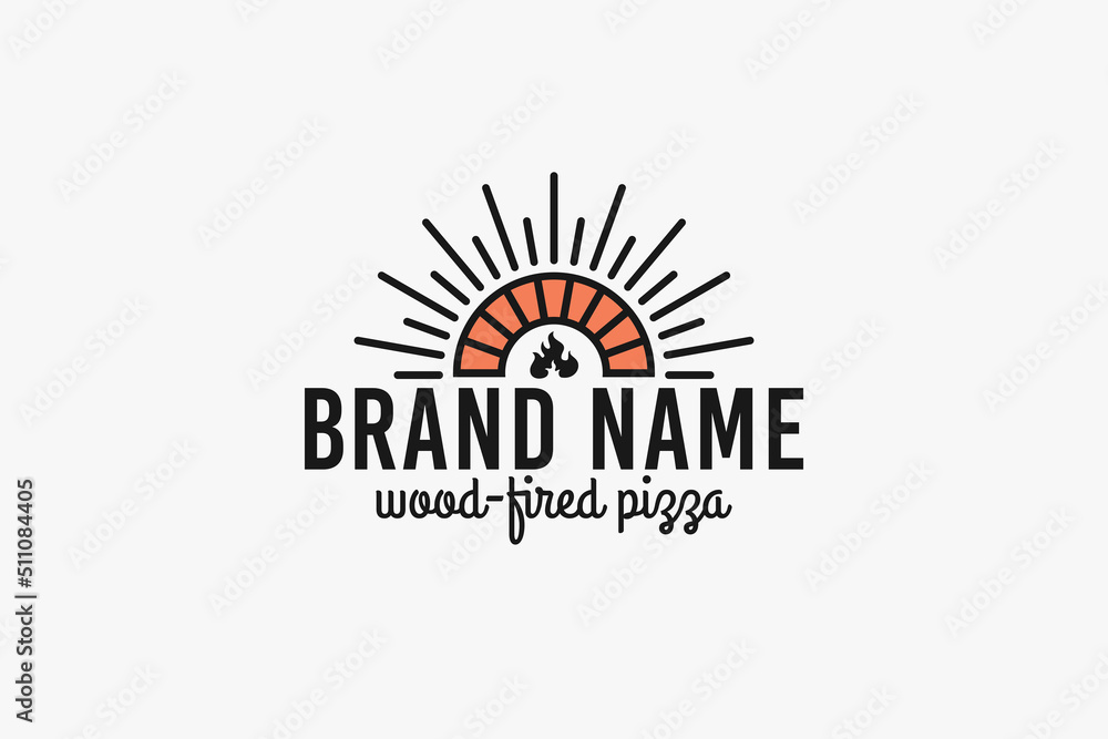 wood-fired pizza logo with a combination of an old wood-fired oven, sun, and sans sherif font.