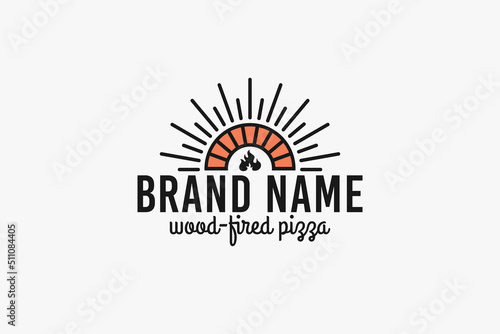 wood-fired pizza logo with a combination of an old wood-fired oven, sun, and sans sherif font.