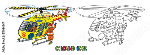 Rescue helicopter with a lifeguard. Coloring book