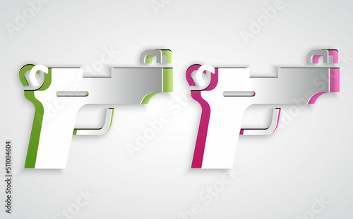 Paper cut Pistol or gun icon isolated on grey background. Police or military handgun. Small firearm. Paper art style. Vector